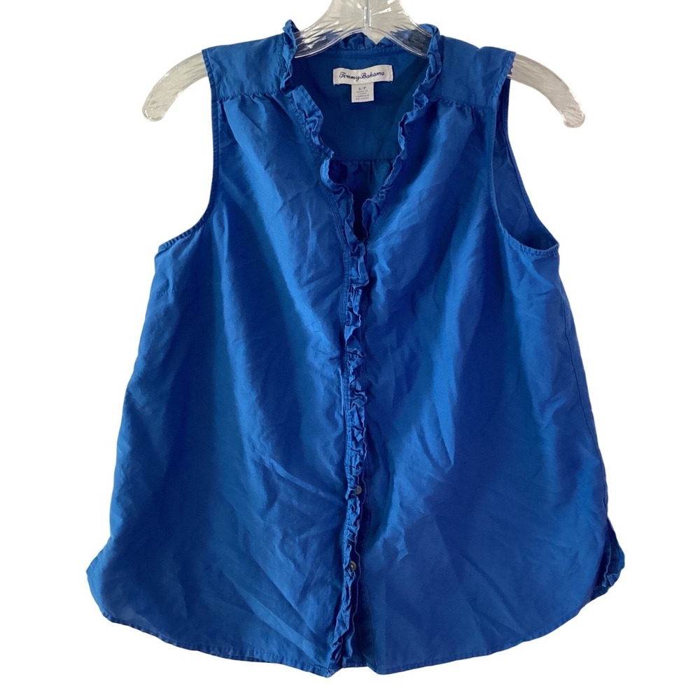 Tommy Bahama Women's Blue Sleeveless Ruffle Shirt Top Silk Cotton- Small Petite